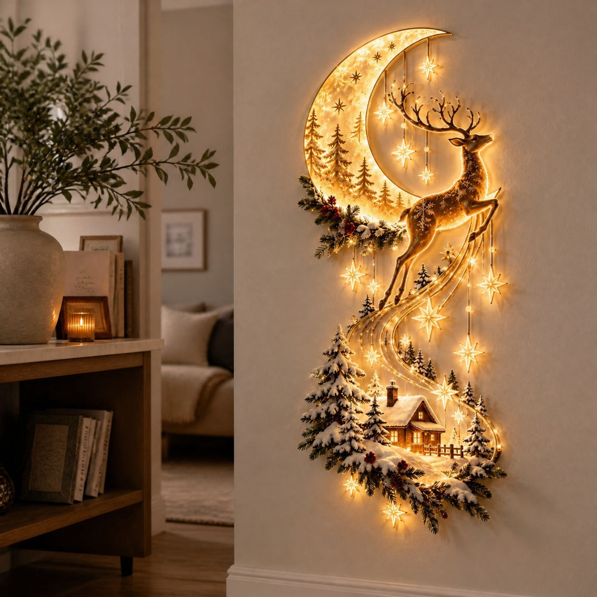 Lighted Christmas Stair Railing Garland Pack of 5 Santa Figures Snow Scene Ornament for Staircase Banister Indoor Display
