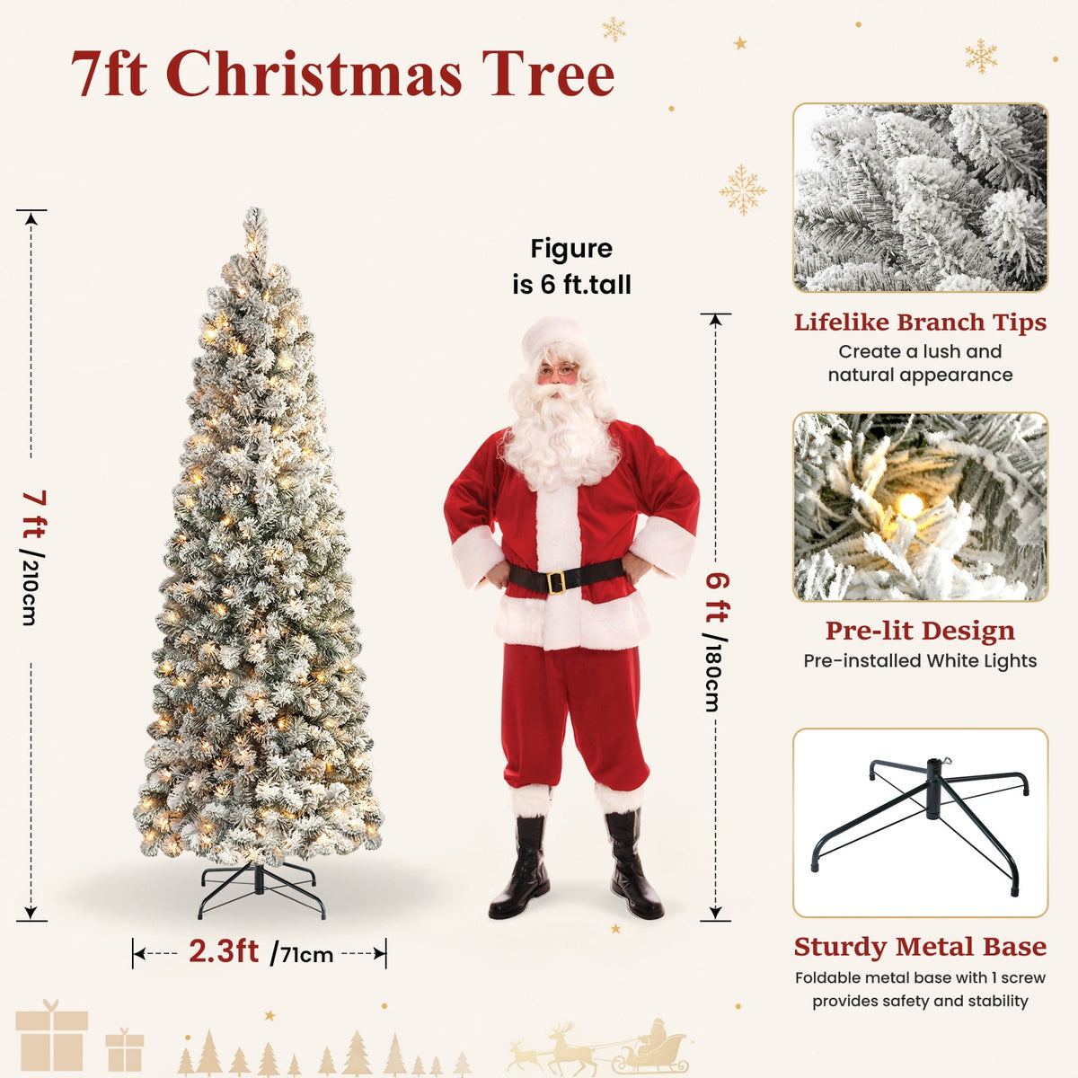 Lolsea 7ft Prelit Snow Flocked Artificial Pencil Christmas Tree with Warm White Lights, Full Branch Tips, Perfect Choice Decoration for Xmas Holiday