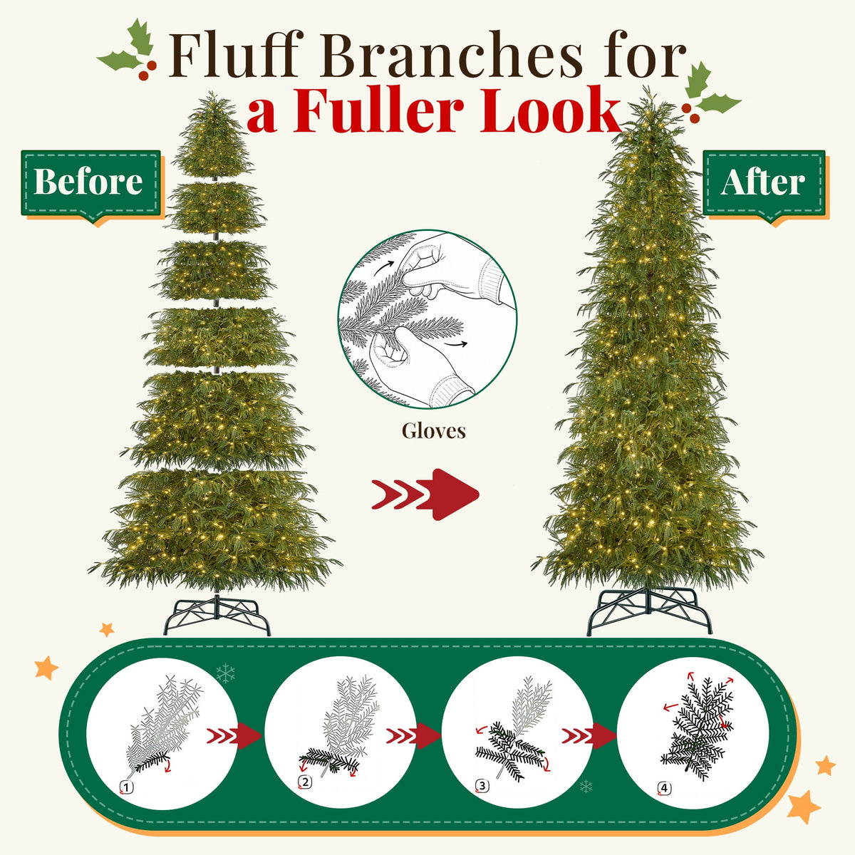 Goosiay 7 ft Pre-Lit Norfolk Pine Christmas Tree, PE Slim Artificial Tree with 300 Warm White & Multicolor 10-Function Lights, 6718 Branch Tips,Green