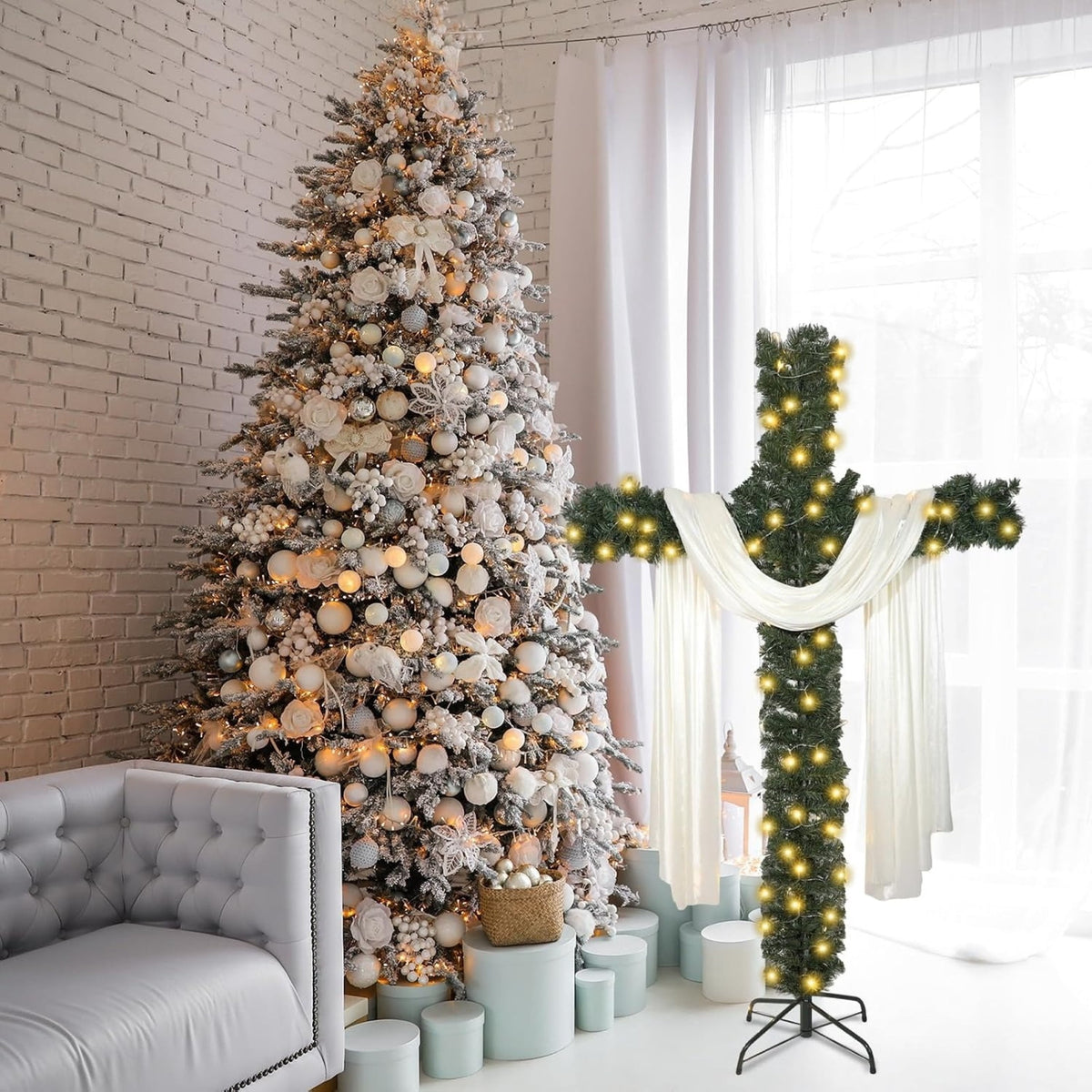 Christmas Tree, Artificial Cross Design with Lights, White Scarf and Metal Stand