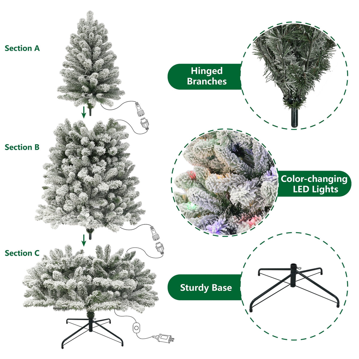 6.5' Pre-Lit Frisco Pine Snow-Flocked Green Artificial Christmas Tree with 250 Color-Changing LED Lights and Stand, by Holiday Time
