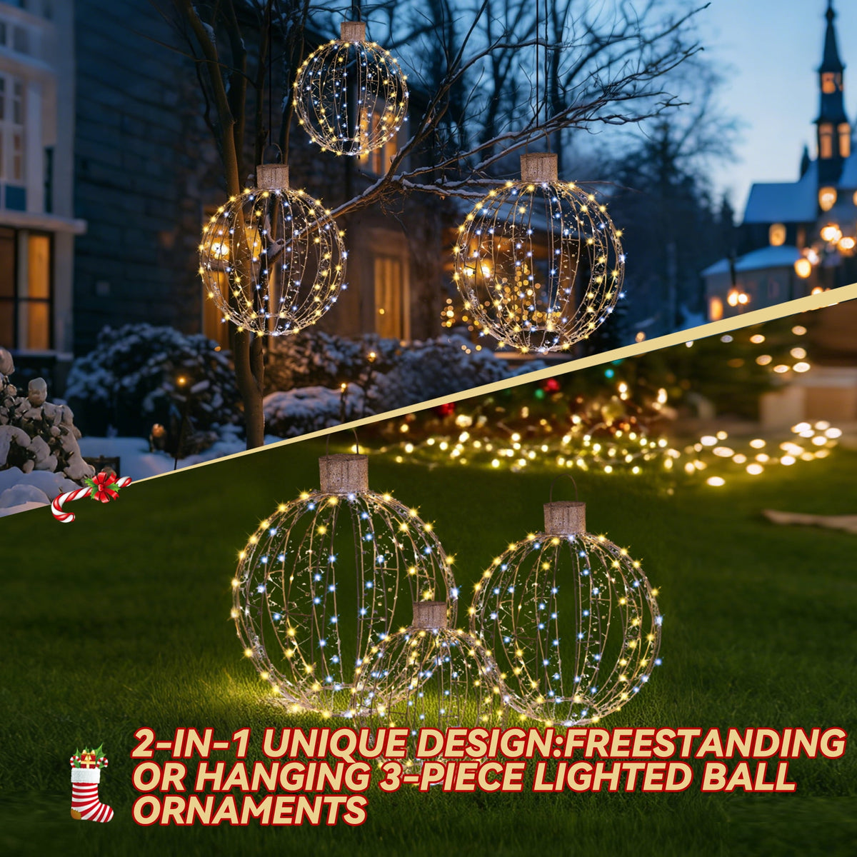 Starfree 24-inch Light Balls Lighted Christmas Yard Decor 3-Piece Christmas Hanging Ornaments LED Twinkling Tree Lights for Patio & Lawn