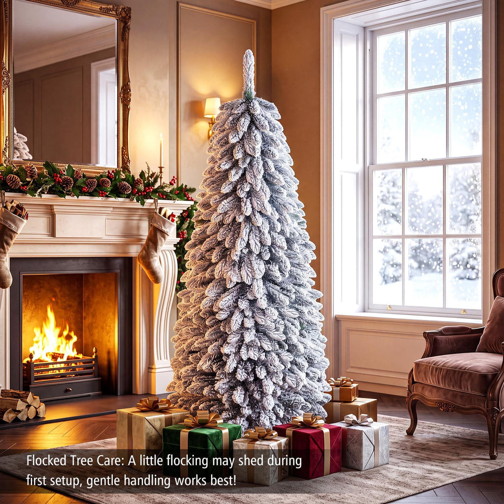 Costway 5 FT Pre-Lit Slim Christmas Tree Flocked Xmas Decoration 11 Modes 150 LED Lights