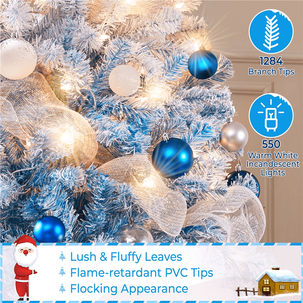 Alden Design 7.5 ft Pre-Lit Flocked Christmas Tree with Warm Lights, Frosted White