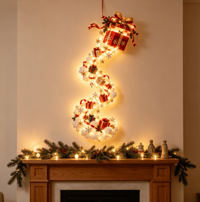 Lighted Christmas Stair Railing Garland Pack of 5 Santa Figures Snow Scene Ornament for Staircase Banister Indoor Display