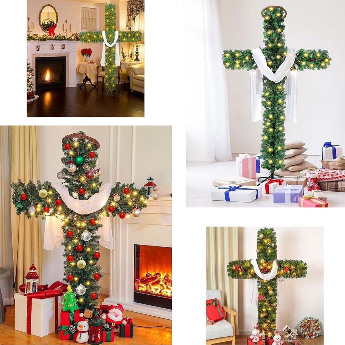Loyerfyivos 6Ft Pre-Lit Christmas Crosses Tree Artificial Christmas Cross Tree Artificial Xmas Tree with LED Light and Christ Crown Silk Scarf Wood Rattan Ring for Home Decor Celebrate Lord Savio