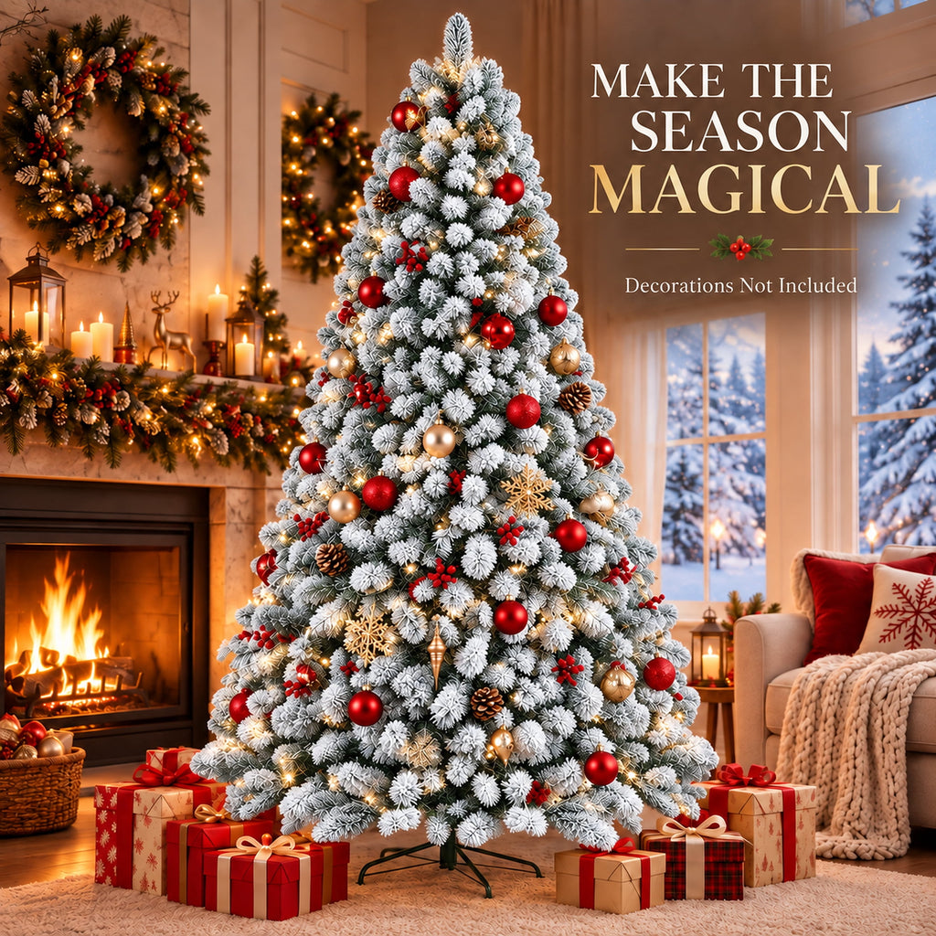 SUGIFT 7.5ft Artificial Snow Flocked Christmas Tree, 1450 Branch Tips, Unlit Holiday Decor with Metal Stand