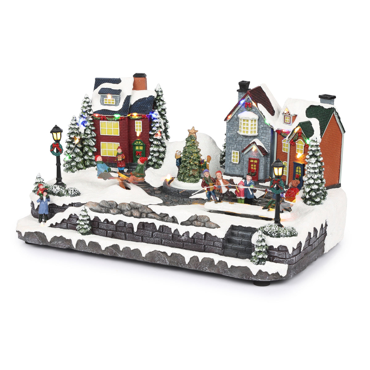 Alpine Corporation Animated Children Playing in Christmas Village Holiday Tabletop Decor with 26 Multicolor LED Lights and 5.9' Cord, 17" L x 11" W x 9" H