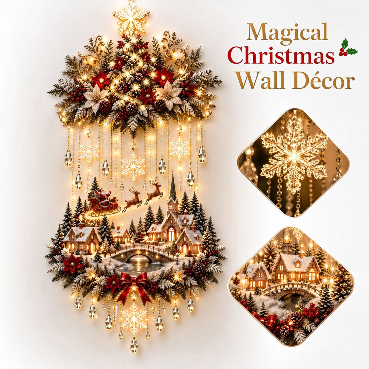 Lighted Christmas Stair Railing Garland Pack of 5 Santa Figures Snow Scene Ornament for Staircase Banister Indoor Display