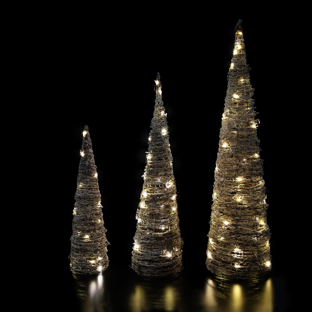 Northlight LED Lighted Snowy Rattan Christmas Cone Tree Decorations - 39.5" - Set of 3