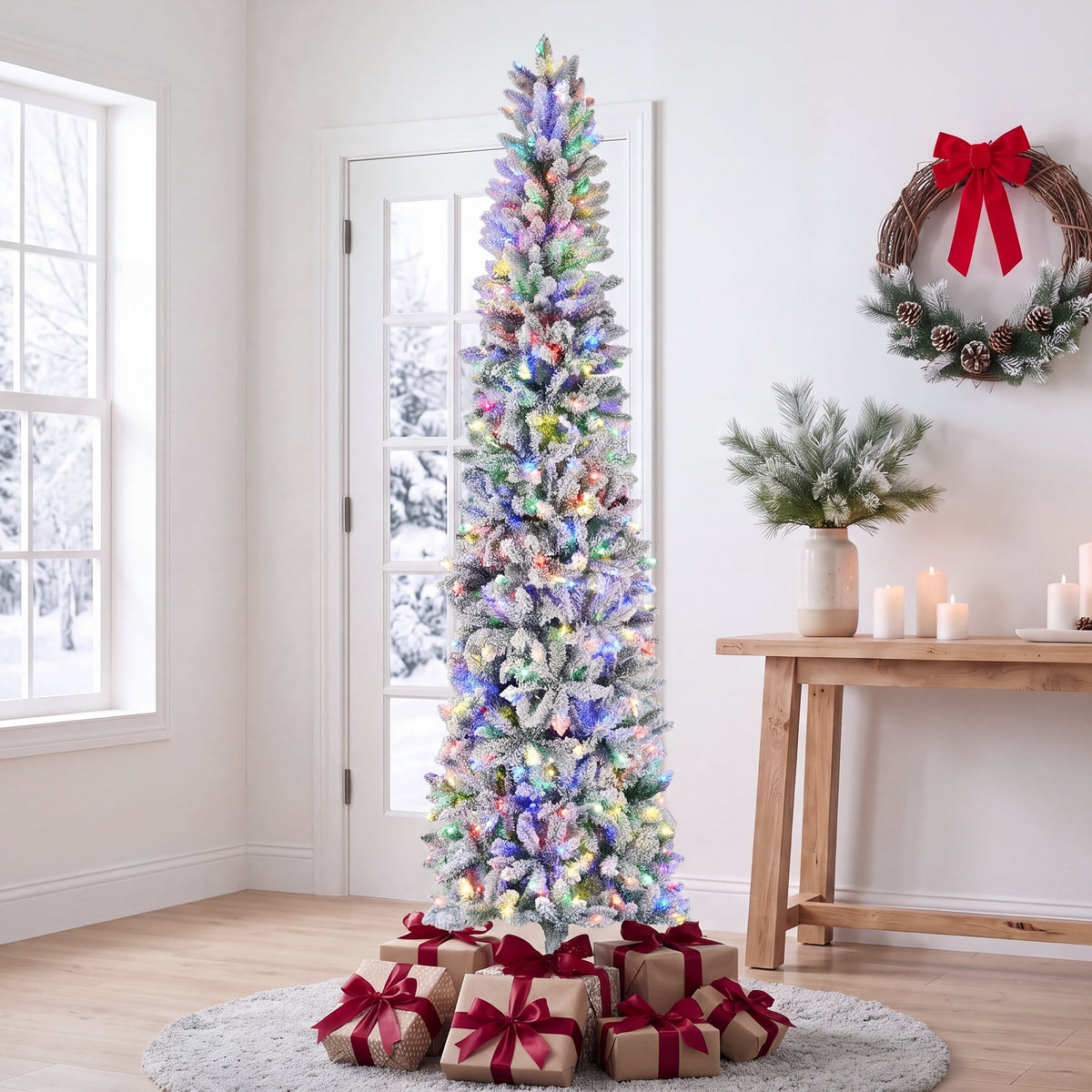 edx 9ft Pre-lit Pencil Christmas Tree, Green Artificial Spruce Slim Christmas Trees, With 500 LED Lights, 1100 Branch Tips & Foldable Base, For Home, Office, Party Decoration