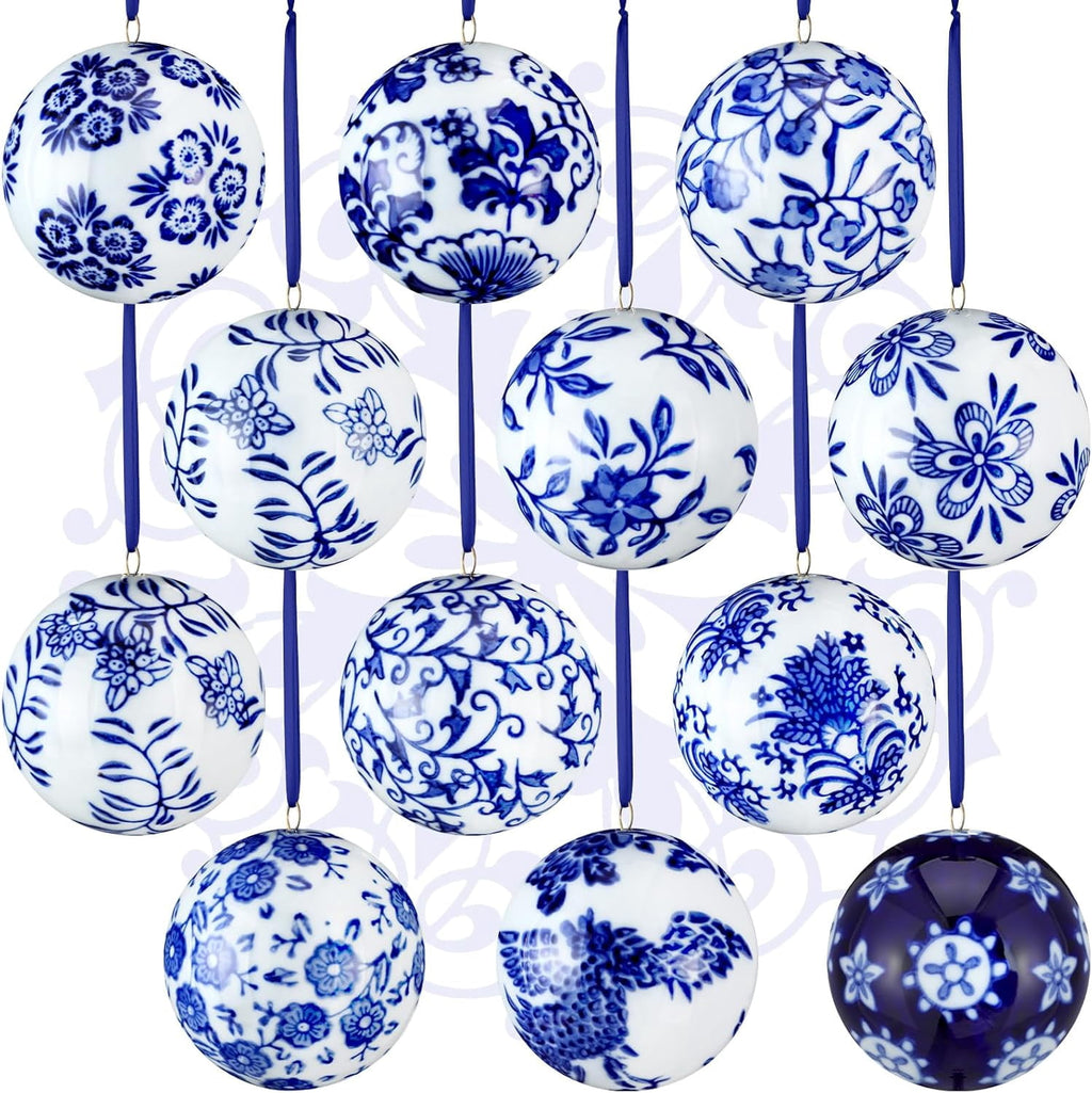 12 Pcs Chinoiserie Porcelain Ornaments for Christmas Tree White and Blue Porcelain Balls Ornaments 2.4 Inches Ceramic Hanging Balls Xmas Orbs with Ribbon for Home Decorations