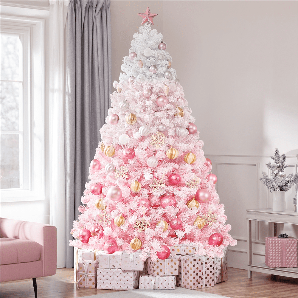 Alden Design 7.5 ft Pre-Lit Flocked Christmas Tree with Warm Lights, Frosted White