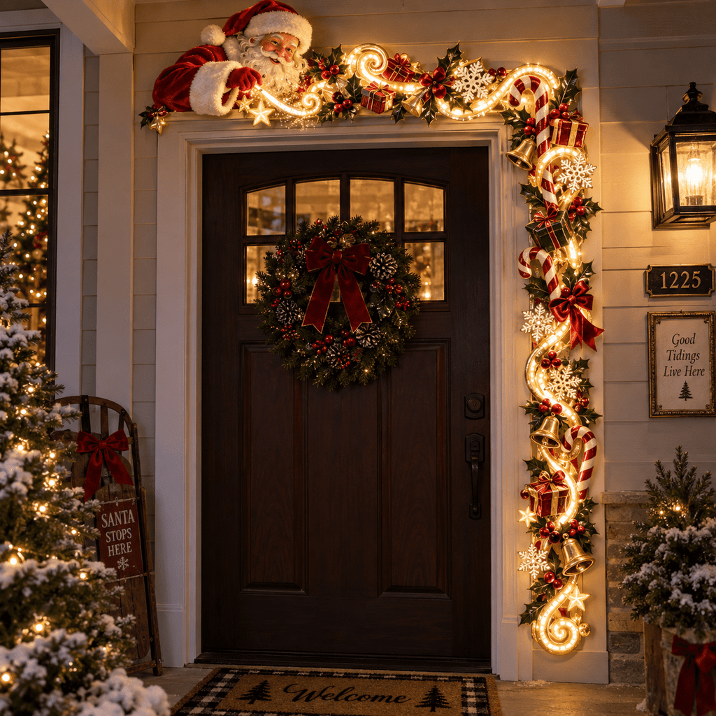 Lighted Christmas Stair Railing Garland Pack of 5 Santa Figures Snow Scene Ornament for Staircase Banister Indoor Display