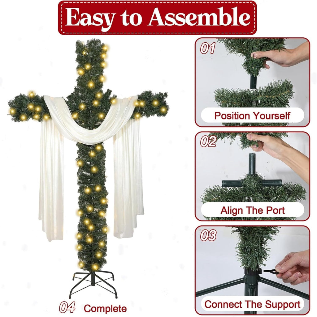 Christmas Tree, Artificial Cross Design with Lights, White Scarf and Metal Stand