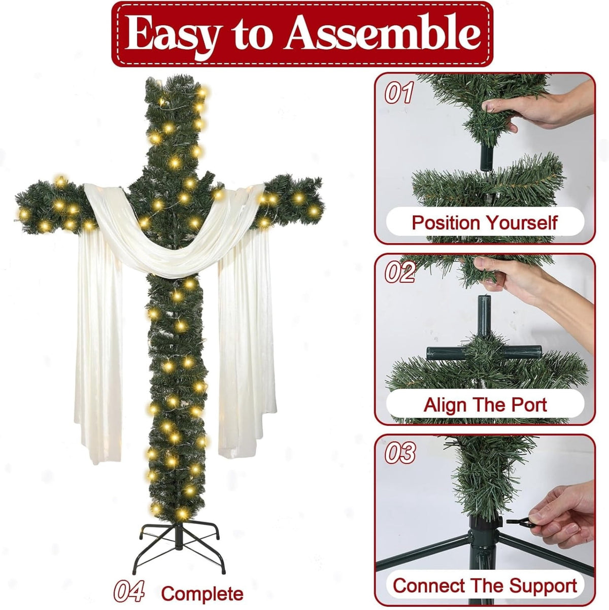Artificial Cross Christmas Tree with Lights, White Scarf and Metal Stand