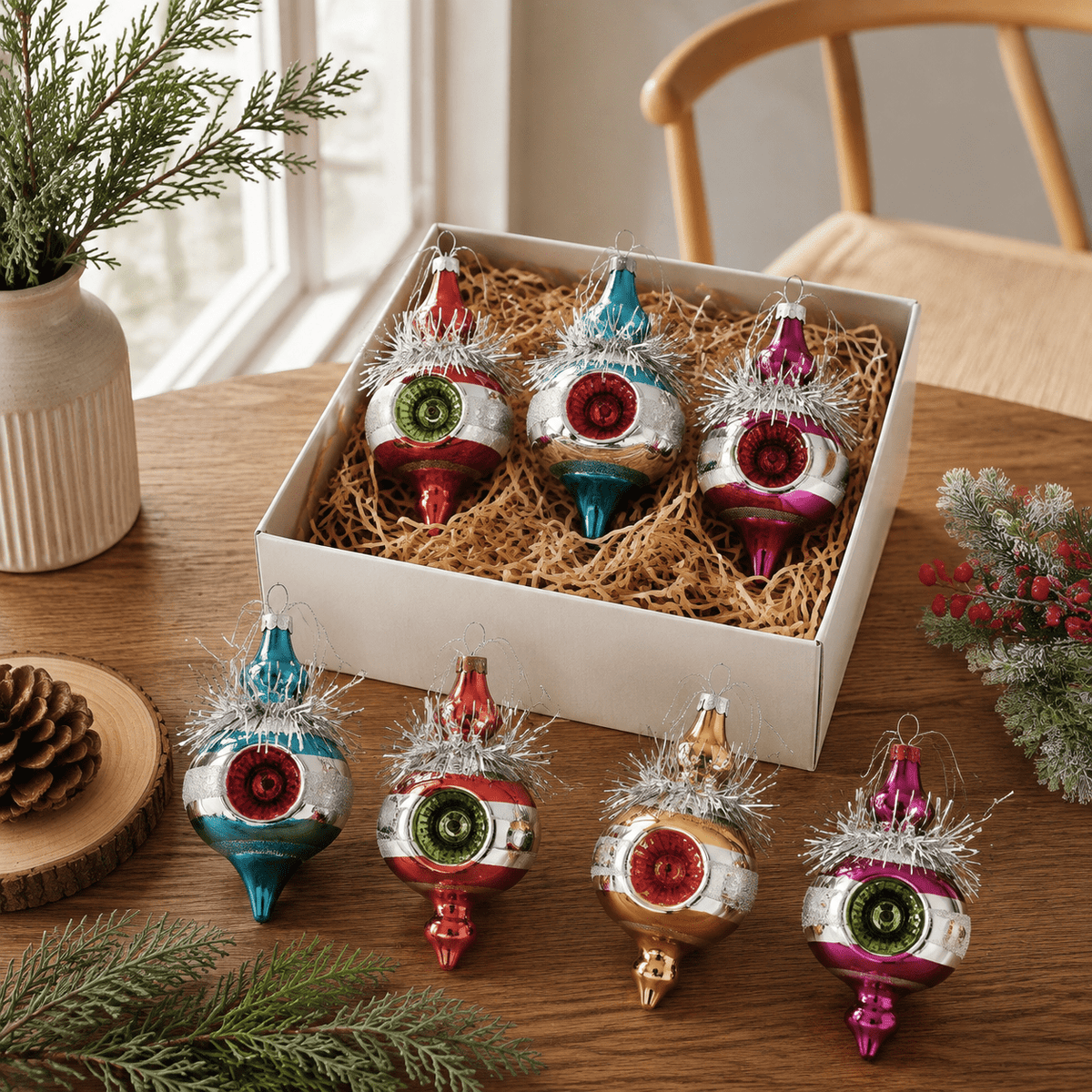Multi Color Retro 8-Piece Vintage Glass Christmas Ornament Set