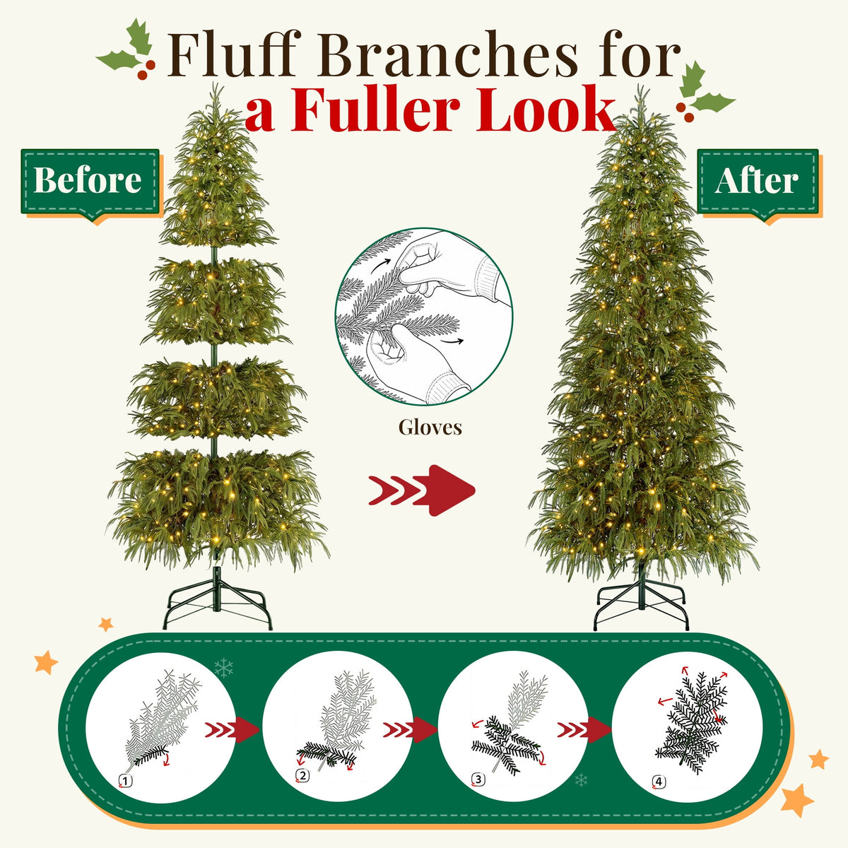 Goosiay 7 ft Pre-Lit Norfolk Pine Christmas Tree, PE Slim Artificial Tree with 300 Warm White & Multicolor 10-Function Lights, 6718 Branch Tips,Green