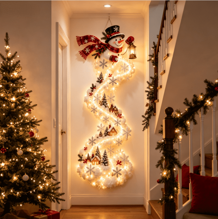 Lighted Christmas Stair Railing Garland Pack of 5 Santa Figures Snow Scene Ornament for Staircase Banister Indoor Display