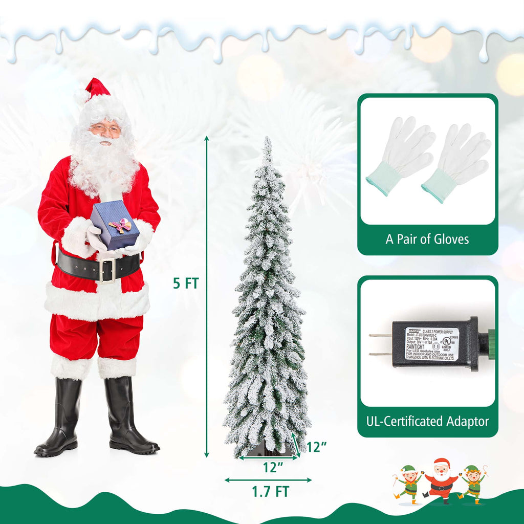 Costway 5 FT Pre-Lit Slim Christmas Tree Flocked Xmas Decoration 11 Modes 150 LED Lights