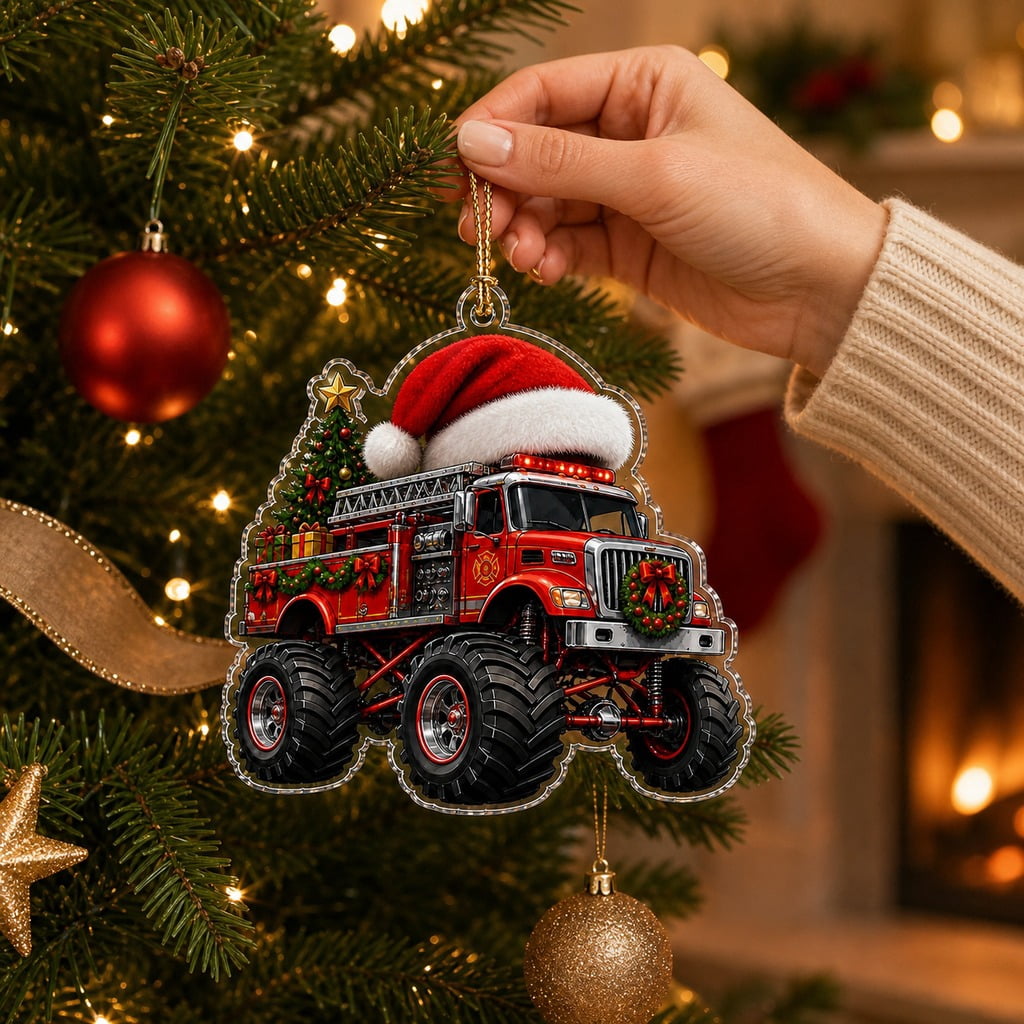 Christmas Ornament Fire Truck Holiday Acrylic Tree Hanging for Firefighters