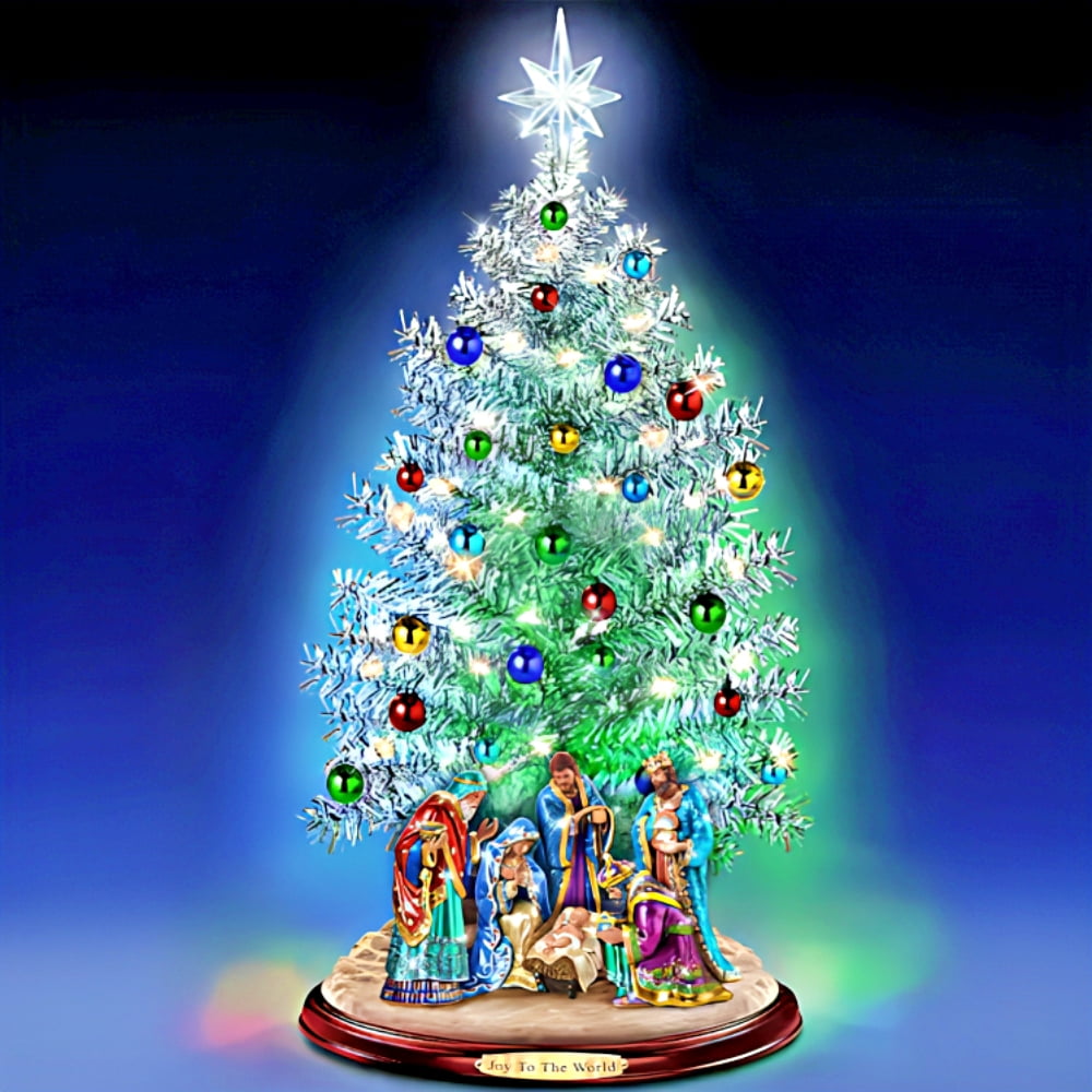 The Bradford Exchange Joy to the World Nativity Tabletop Christmas Tree with Lights & Music Pre-Lit Holiday Tree with Sculpted Nativity Scene Color-Changing Base USB Powered Christmas Decor 16-inches