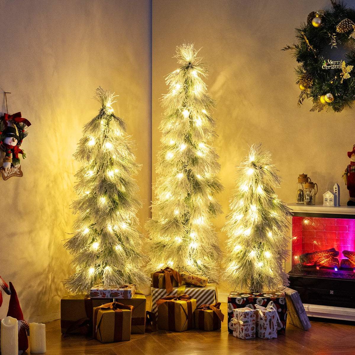 Costway 3' 4' 5' Artificial Christmas Tree Set with 30 + 50 + 70 LED Lights Holiday Decoration Tree