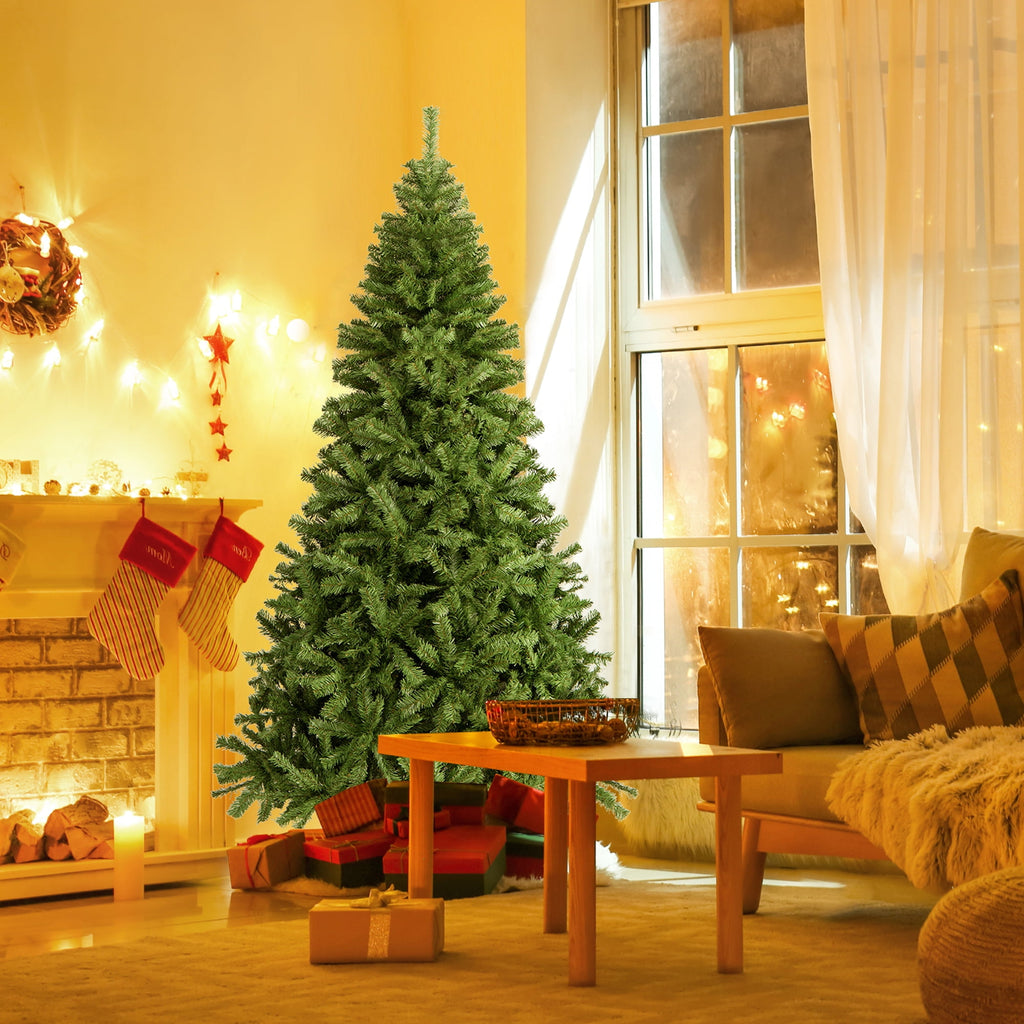 Gymax 7.5 ft Unlit Artificial Christmas Tree Hinged Spruce Xmas Tree w/ Metal Stand