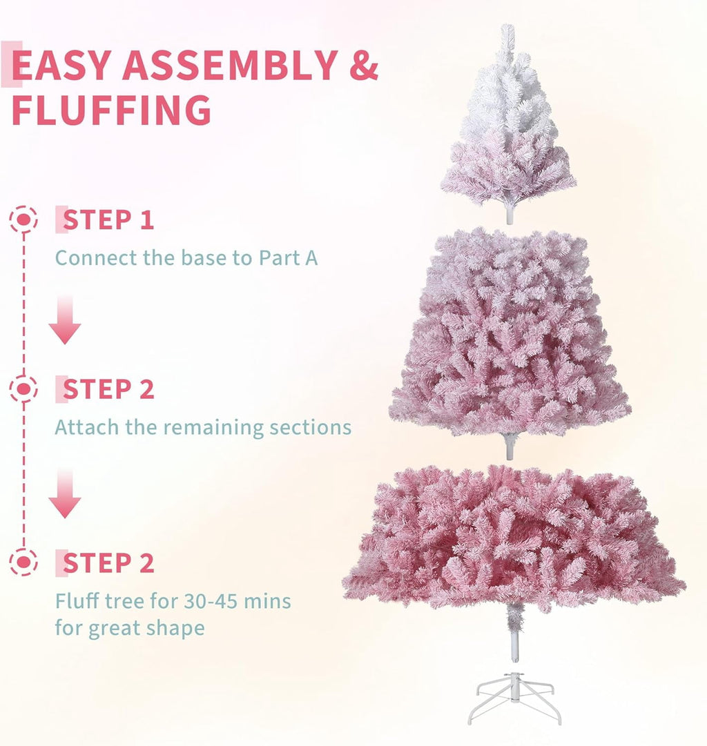 6FT Pre-Lit Snow Flocked Christmas Tree, Pink Gradient Design with 250 RGB & Warm White LED Lights, Sturdy Foldable Metal Stand for Living Room, Office & Holiday Display