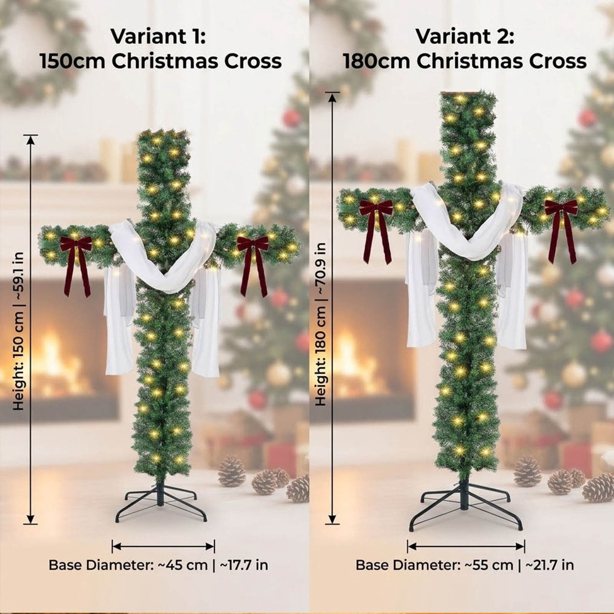 Loyerfyivos 6Ft Pre-Lit Christmas Crosses Tree Artificial Christmas Cross Tree Artificial Xmas Tree with LED Light and Christ Crown Silk Scarf Wood Rattan Ring for Home Decor Celebrate Lord Savio