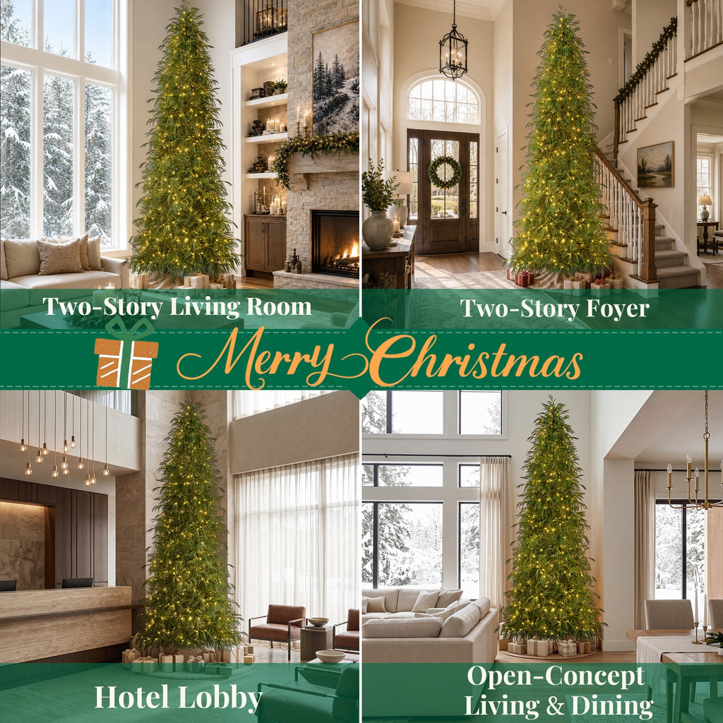 Goosiay 7 ft Pre-Lit Norfolk Pine Christmas Tree, PE Slim Artificial Tree with 300 Warm White & Multicolor 10-Function Lights, 6718 Branch Tips,Green