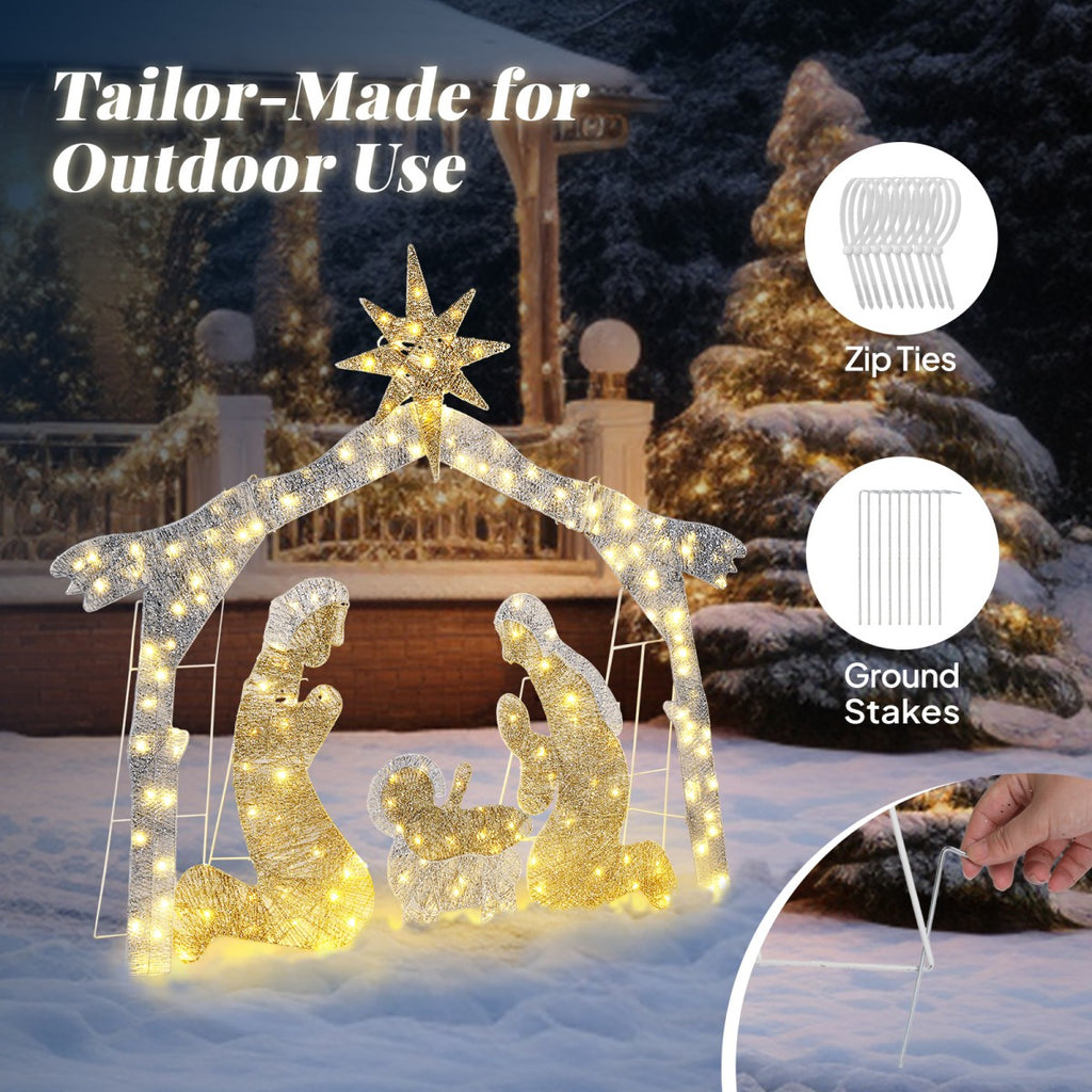 6ft Lighted Nativity Scene with 190 LED Warm White Lights – Silver Roof Garden Jesus Decoration, for Outdoor Christmas Decor