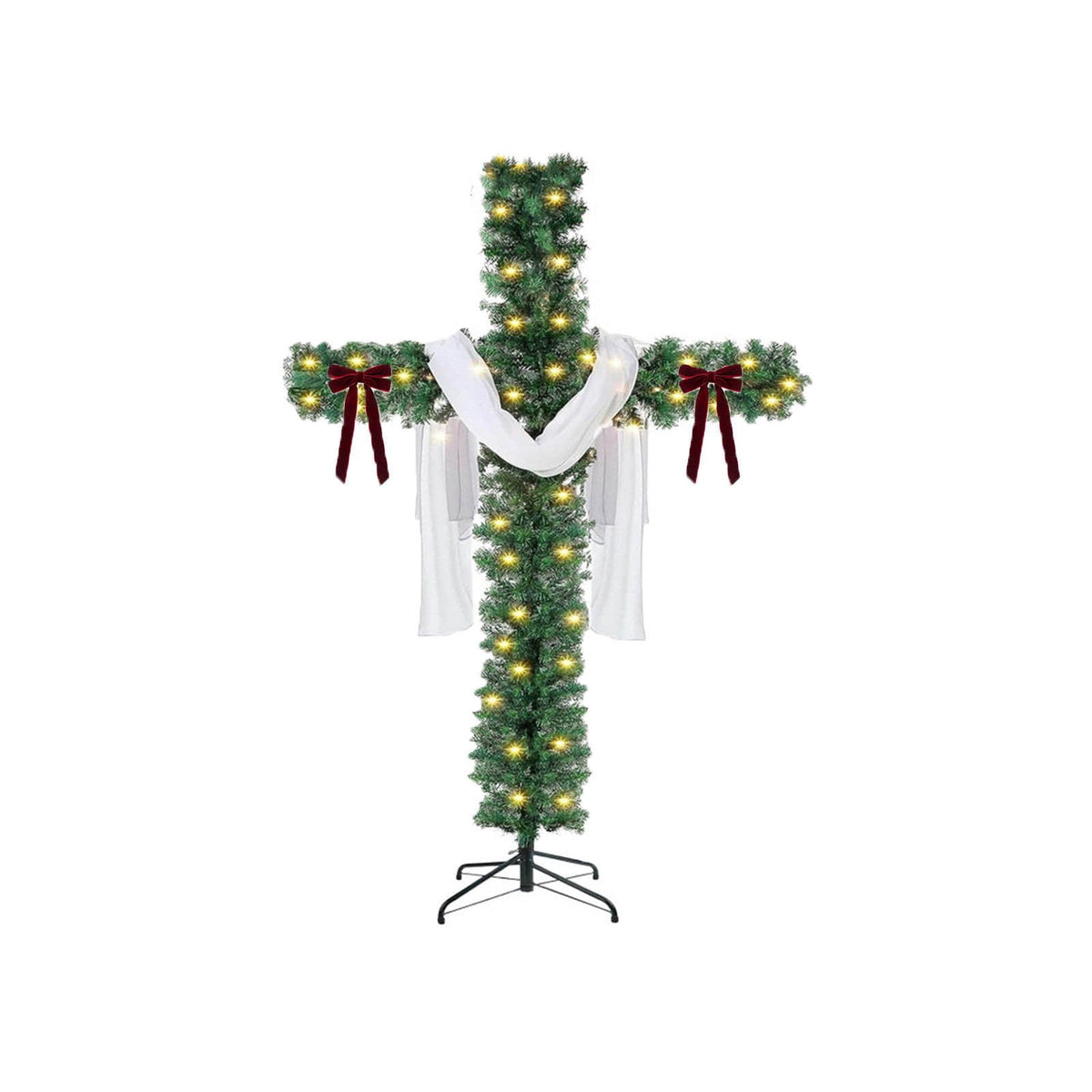 Loyerfyivos 6Ft Pre-Lit Christmas Crosses Tree Artificial Christmas Cross Tree Artificial Xmas Tree with LED Light and Christ Crown Silk Scarf Wood Rattan Ring for Home Decor Celebrate Lord Savio