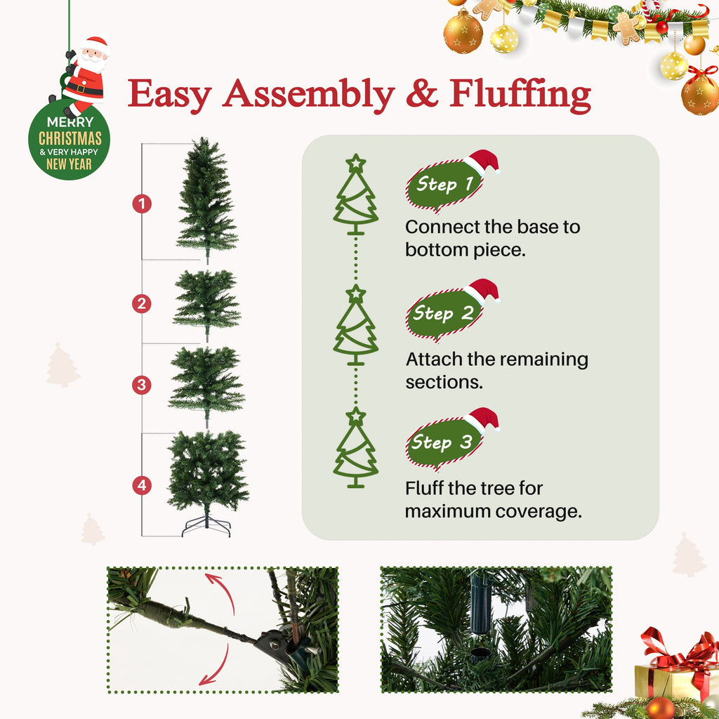 edx 9ft Pre-lit Pencil Christmas Tree, Green Artificial Spruce Slim Christmas Trees, With 500 LED Lights, 1100 Branch Tips & Foldable Base, For Home, Office, Party Decoration