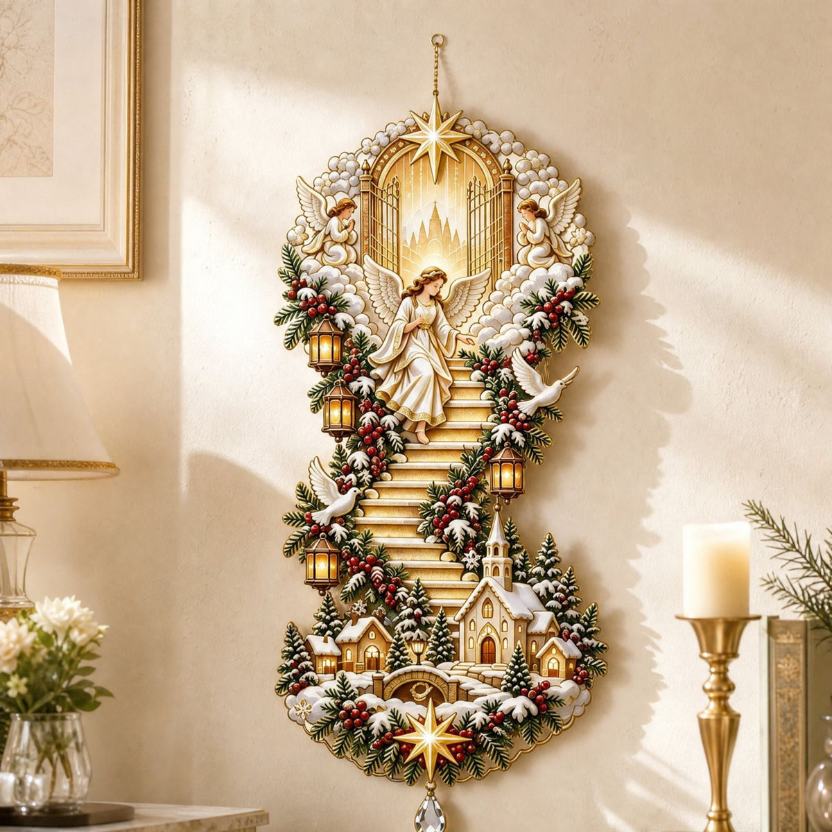 Lighted Christmas Stair Railing Garland Pack of 5 Santa Figures Snow Scene Ornament for Staircase Banister Indoor Display