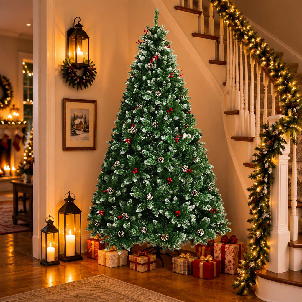 Yexmas 6FT Pre-Lit Christmas Tree with Pinecones and Red Berries,Artificial Green Xmas Tree with Large Storage Bag for Home, Office, Party Decoration