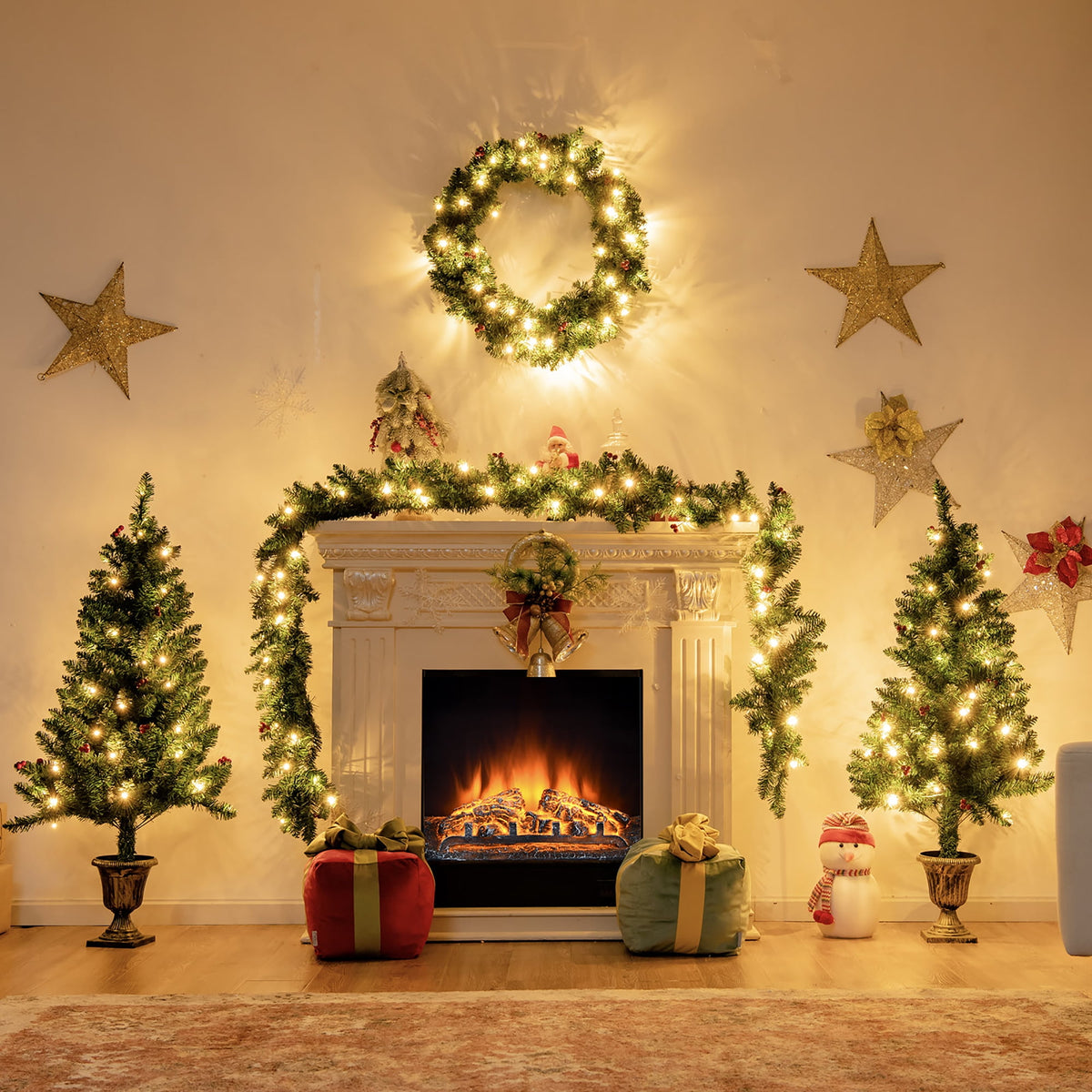 Costway 4pcs Pre-lit Christmas Decoration Set w/ Garland Wreath & Entrance Trees