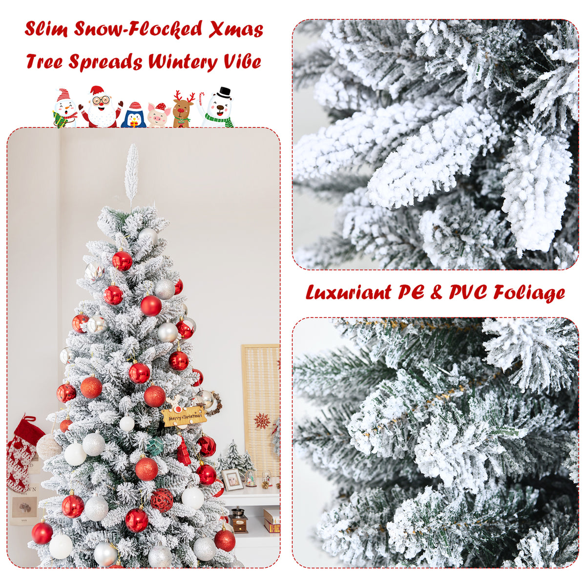 Gymax Green Snow Flocked Slim Pencil Unlit Artificial Christmas Tree, 7.5'