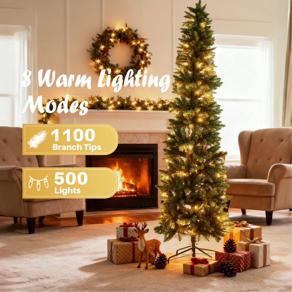 JIOABL 9-Foot Pre-Lit Fraser Fir Pencil Artificial Christmas Tree, Offering 8 Warm Light Modes, Green