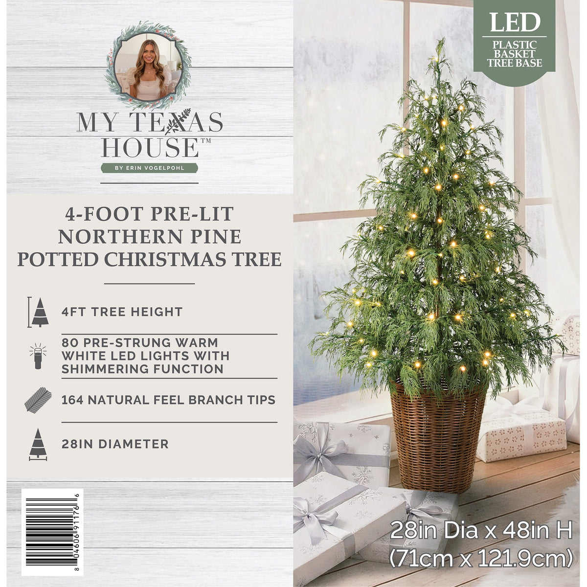 My Texas House 4ft Pre-lit Green Northern Pine Potted Christmas Tree, 80 Twinkle LED