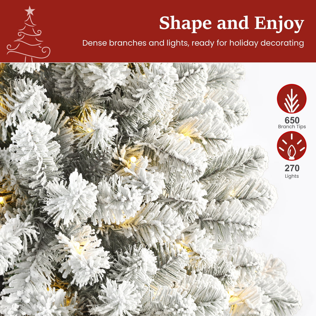Lolsea 7ft Prelit Snow Flocked Artificial Pencil Christmas Tree with Warm White Lights, Full Branch Tips, Perfect Choice Decoration for Xmas Holiday