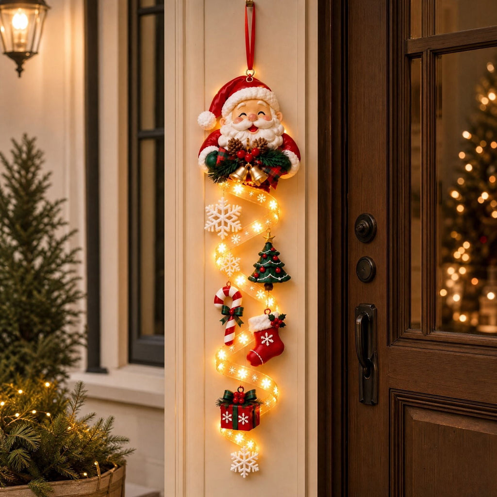 Lighted Christmas Stair Railing Garland Pack of 5 Santa Figures Snow Scene Ornament for Staircase Banister Indoor Display
