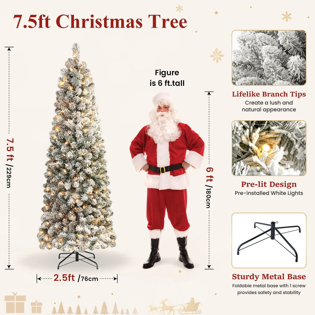 Lolsea 7ft Prelit Snow Flocked Artificial Pencil Christmas Tree with Warm White Lights, Full Branch Tips, Perfect Choice Decoration for Xmas Holiday