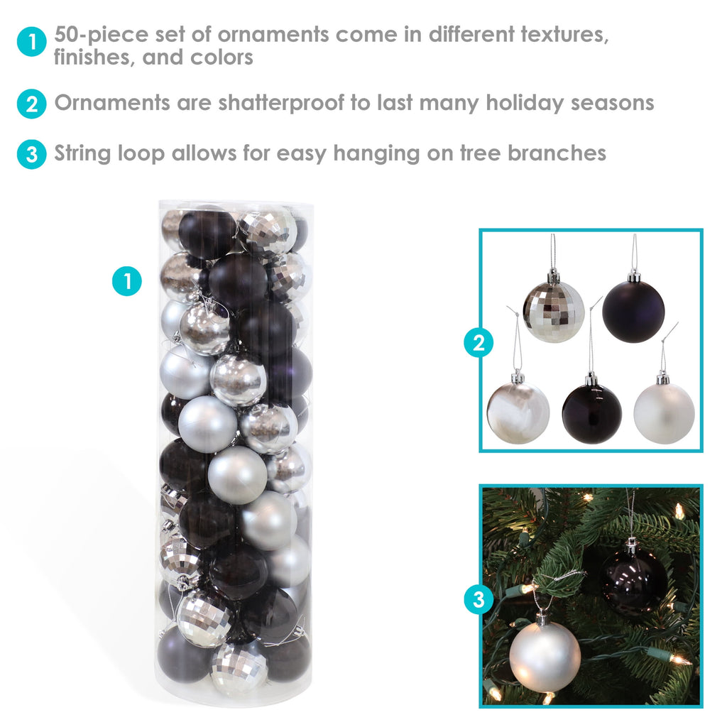 Sunnydaze Modern Holiday Black/Silver Plastic Christmas Ornament Balls, 300 Count