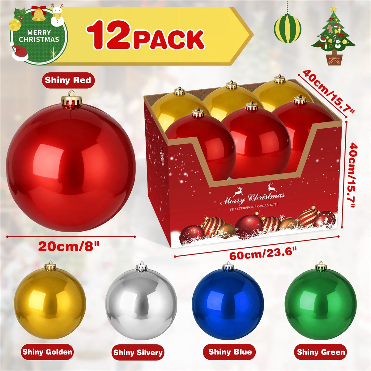 12 Pack 8 Inch Shatterproof Christmas Ball Ornaments, Assorted Glossy, Matte & Glitter Red Balls, Xmas Tree Decorations for Holiday Celebrations