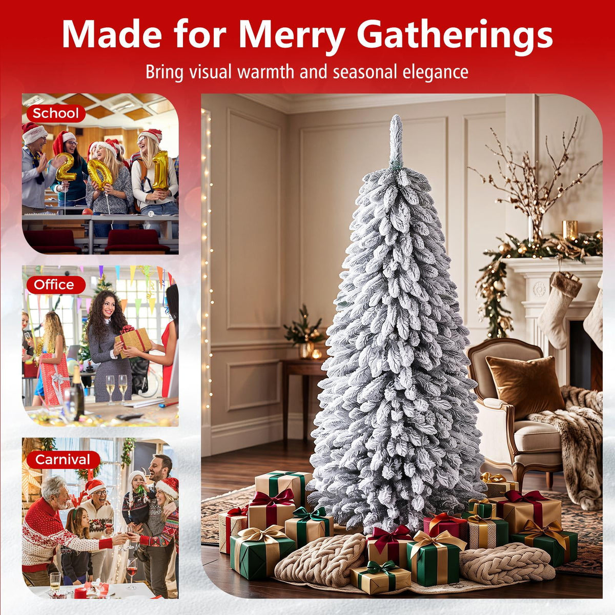 Costway 5 FT Pre-Lit Slim Christmas Tree Flocked Xmas Decoration 11 Modes 150 LED Lights