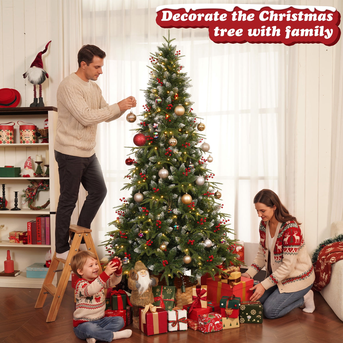 Yexmas 7.5ft Pre-Lit Artificial Christmas Trees,Green Xmas Tree with Large Christmas Tree Storage Bag, Berries, Realistic Artificial Christmas Trees for Home, Office, Party Decoration