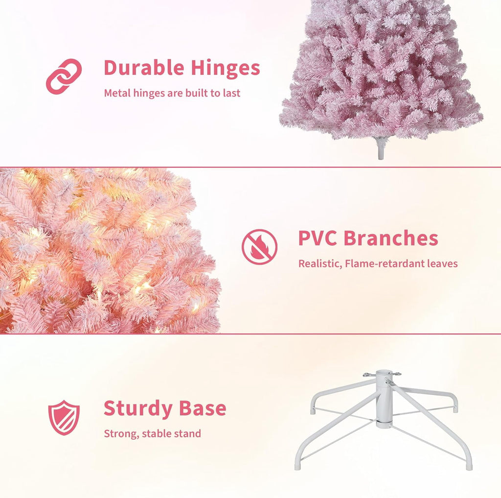 6FT Pre-Lit Snow Flocked Christmas Tree, Pink Gradient Design with 250 RGB & Warm White LED Lights, Sturdy Foldable Metal Stand for Living Room, Office & Holiday Display