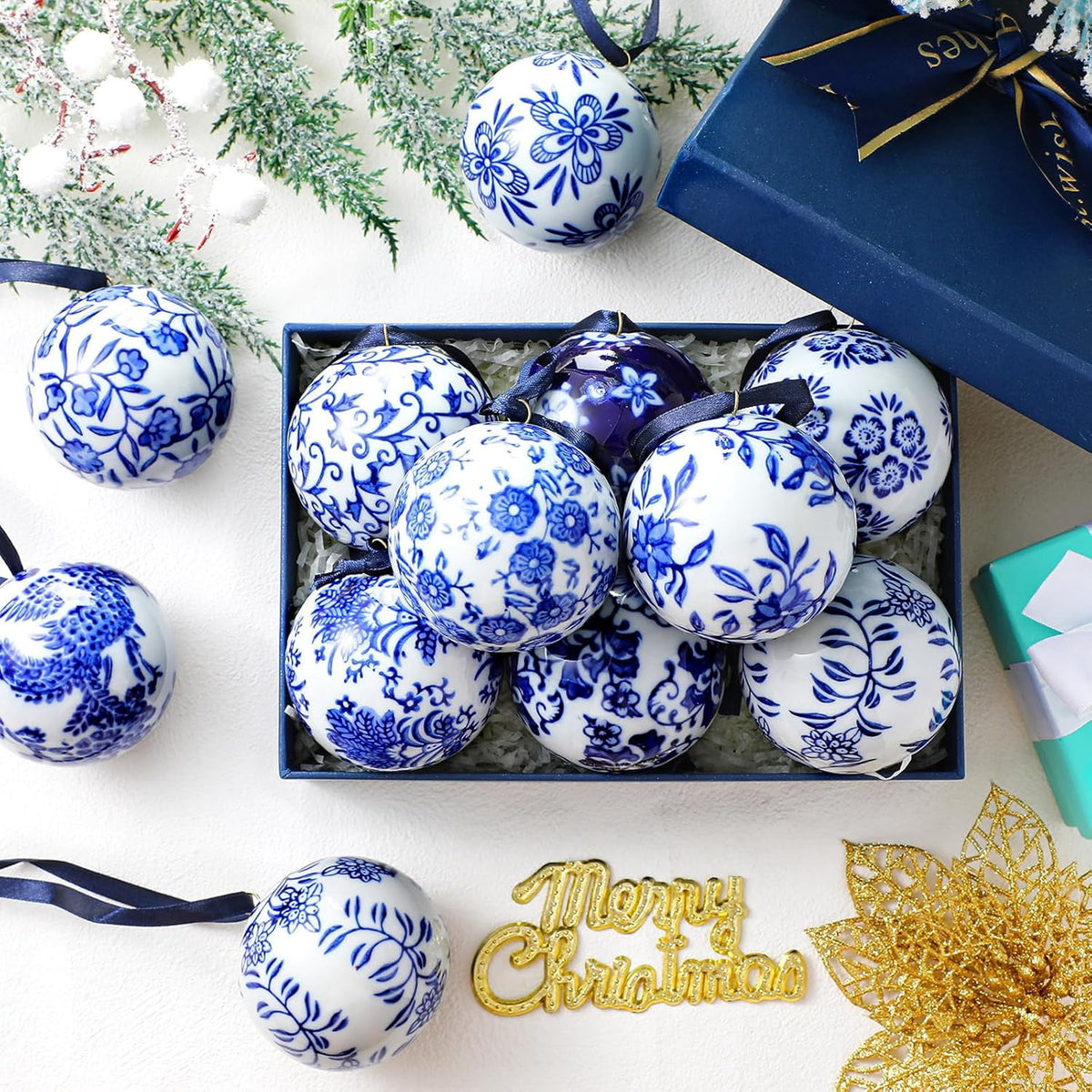 12 Pcs Chinoiserie Porcelain Ornaments for Christmas Tree White and Blue Porcelain Balls Ornaments 2.4 Inches Ceramic Hanging Balls Xmas Orbs with Ribbon for Home Decorations