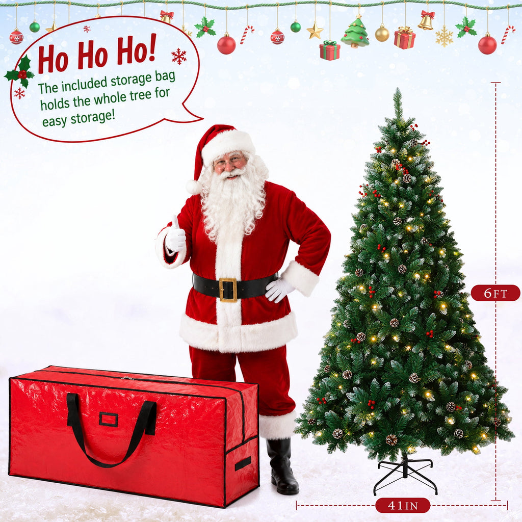 Yexmas 6FT Pre-Lit Christmas Tree with Pinecones and Red Berries,Artificial Green Xmas Tree with Large Storage Bag for Home, Office, Party Decoration